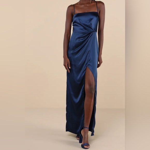 Lulus Stunning Expression Navy Blue Satin Pleated Tulip Maxi Dress Womens Size M - Picture 1 of 5